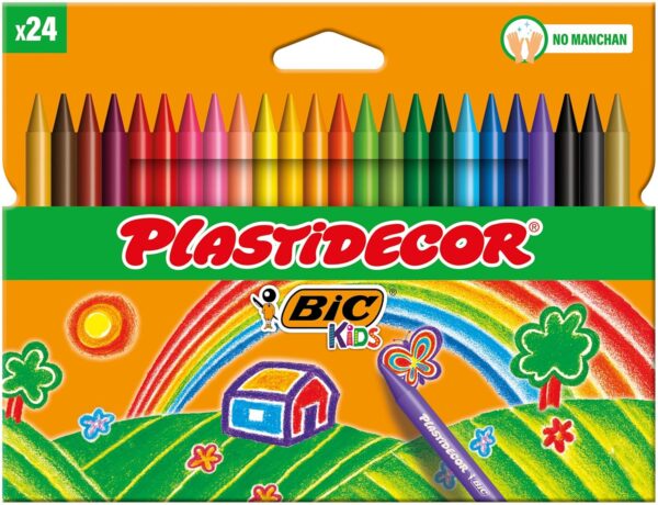 BIC Kids Ceras de Colores para Niños, Óptimo para material escolar,Plastidecor, Colores Vivos Surtidos, Ideal para colorear, 24 Ceras