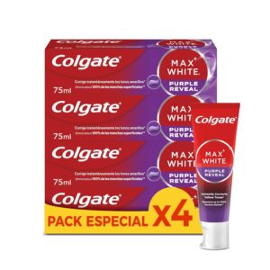 Colgate Max White Purple Reveal Pasta de Dientes Blanqueadora, 4 Unidades de 75ml, Dentífrico con Tecnología de Corrección Óptica del Color que Elimina Instantáneamente* los...