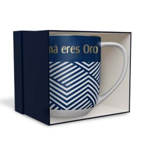 Descuento DRAEGER PARIS 1886 - Taza Cerámica 320ml Mamá Eres Oro - Diseño Geométrico en Azul/Rosa con Mensaje en Oro - Apta Lavavajillas - Embajadora de Emociones Desde 1886