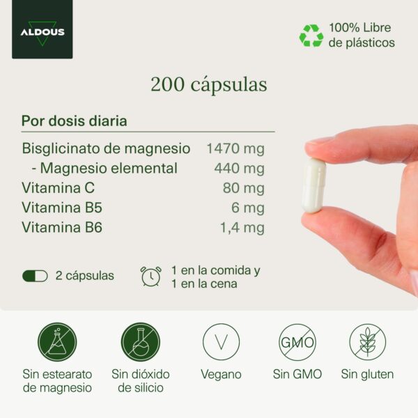 Descuento Magnesio Bisglicinato - 200 Capsulas - Vitamina C, B6, B5 - Magnesio Alta Biodisponibilidad - Vitaminas para el Cansancio y Fatiga - Huesos y Articulaciones, Músculos -...