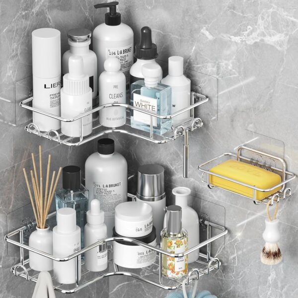Descuento Yeabett Organizador de ducha, 3 unidades, almacenamiento de esquina para baño, sin taladrar, accesorios de baño de acero inoxidable a prueba de óxido, color negro