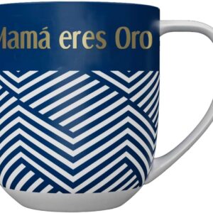 DRAEGER PARIS 1886 - Taza Cerámica 320ml Mamá Eres Oro - Diseño Geométrico en Azul/Rosa con Mensaje en Oro - Apta Lavavajillas - Embajadora de Emociones Desde 1886