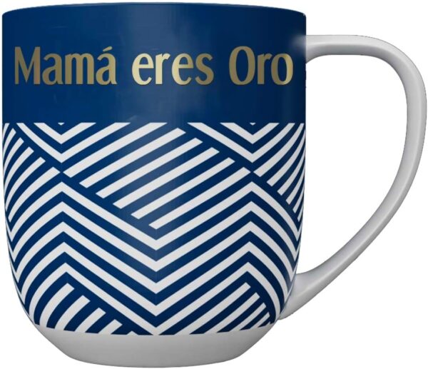 DRAEGER PARIS 1886 - Taza Cerámica 320ml Mamá Eres Oro - Diseño Geométrico en Azul/Rosa con Mensaje en Oro - Apta Lavavajillas - Embajadora de Emociones Desde 1886