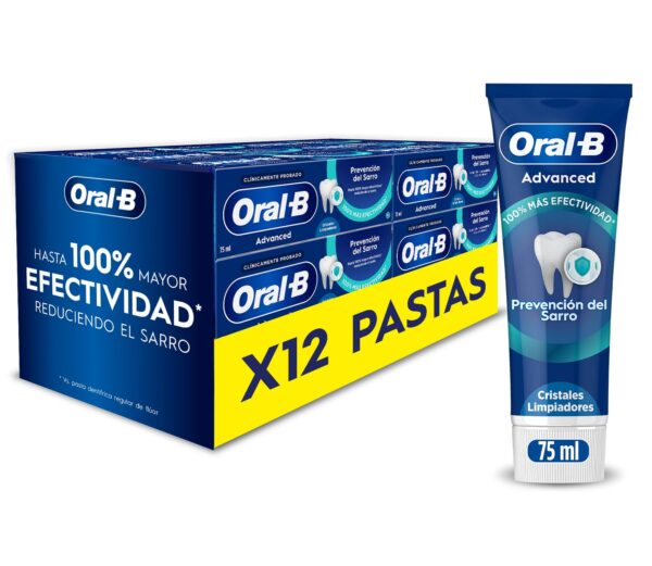 Oral-B Advanced Prevención Del Sarro Pasta De Dientes Con Cristales De Limpieza Profunda, Pack 12 x 75 ml, Protege Contra La Placa, Dentífrico Con Sabor Hierbabuena Dulce, 75 ml...