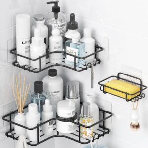 Yeabett Organizador de ducha, 3 unidades, almacenamiento de esquina para baño, sin taladrar, accesorios de baño de acero inoxidable a prueba de óxido, color negro
